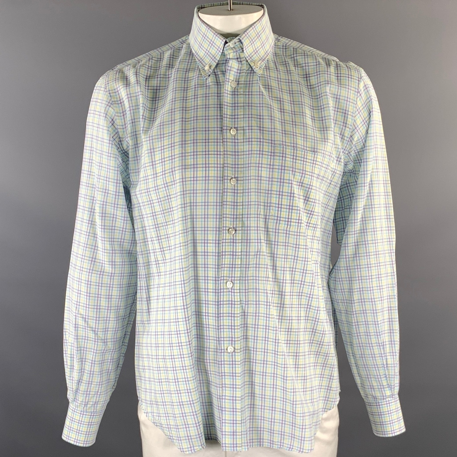 Loro Piana Size Xl White Purple Green Blue Plaid Long Sleeve Shirt